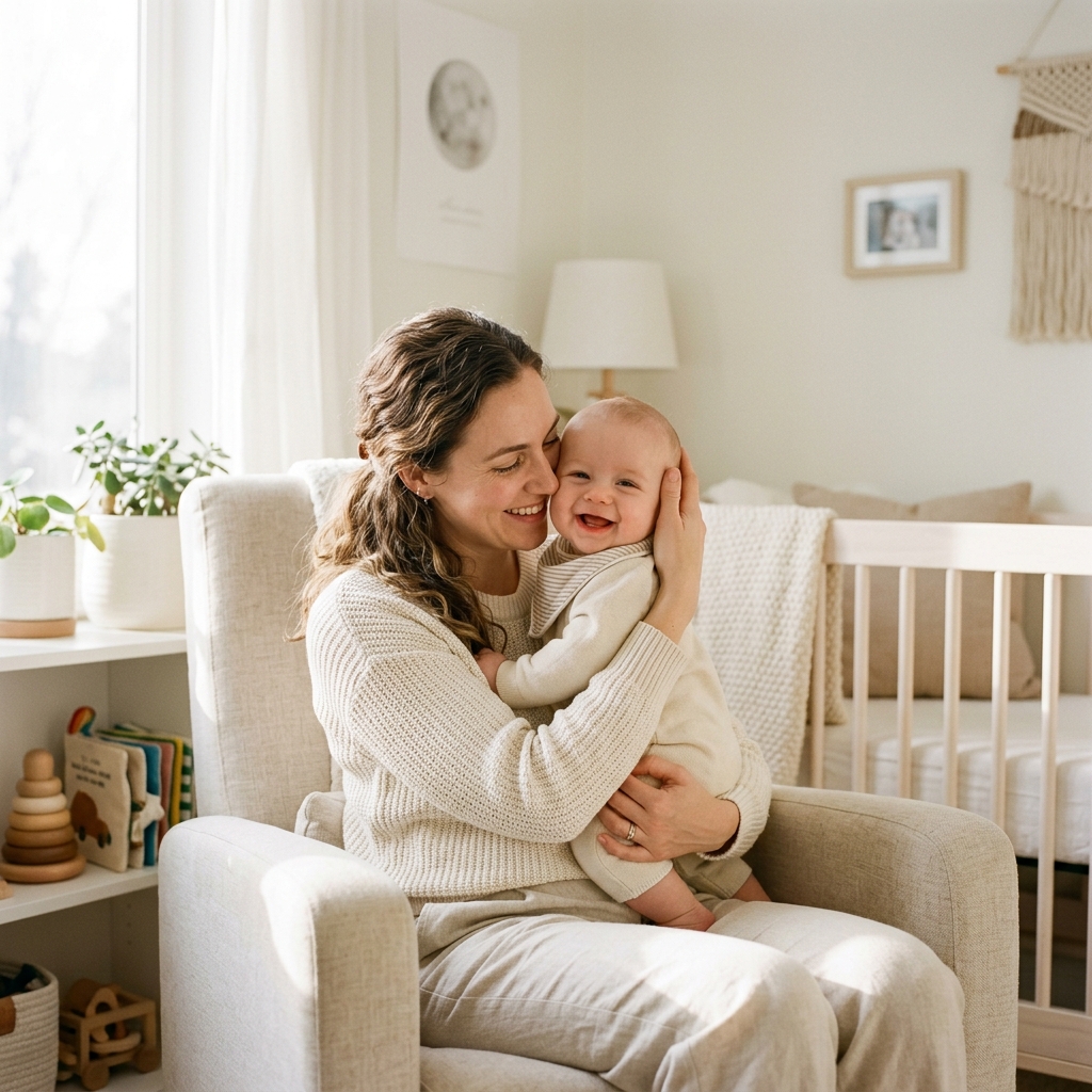 Mãe carinhosa com seu bebê em um lindo ambiente iluminado