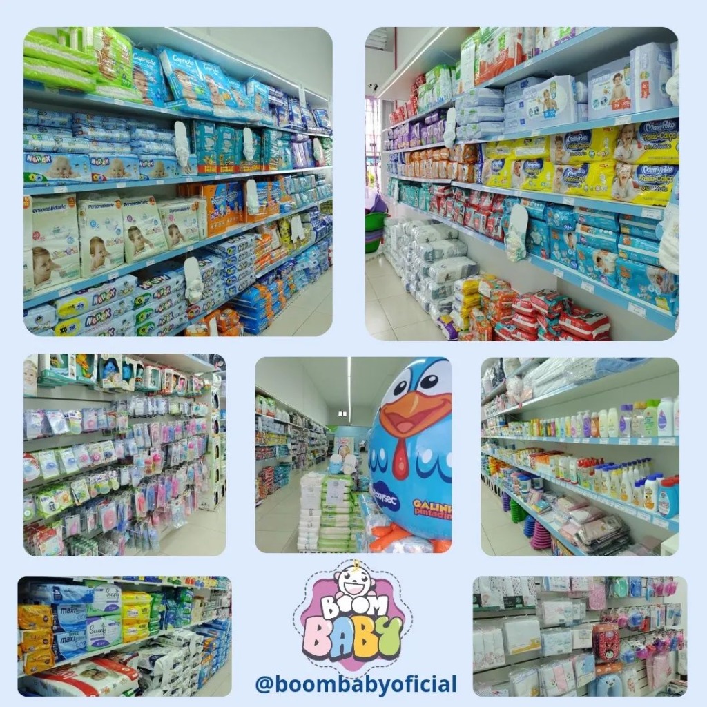 Colagem com detalhes e produtos da loja física Boom Baby